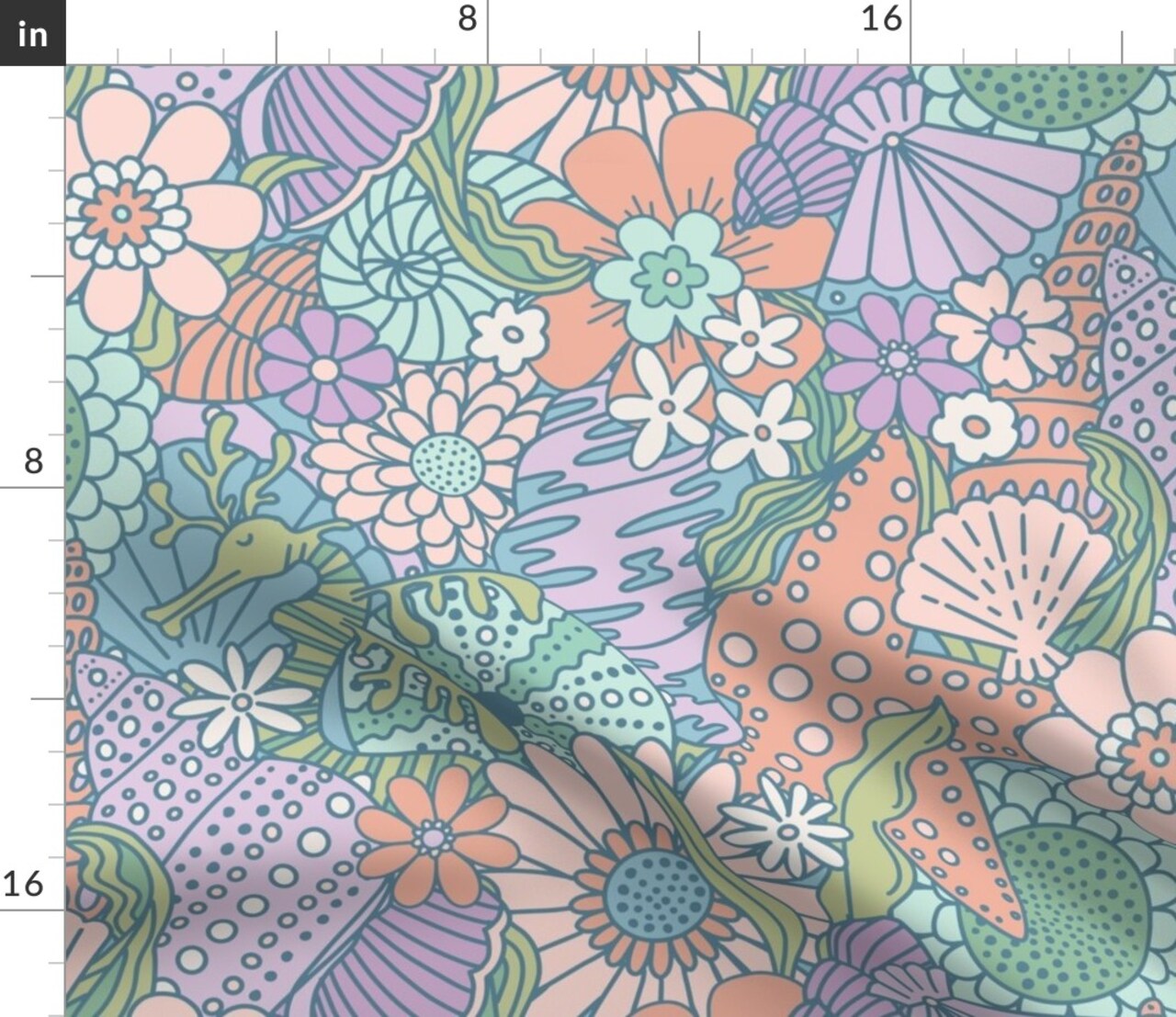 Sea Dragon Pastel Nautical Coastal Seashell Coral Pink Lavender Mint Aqua Custom Printed Fabric by Spoonflower Various Fabrics by the Yard or Fat Quarter